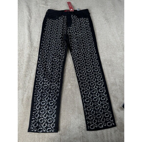 Guess Rhinestone G Black Jeans Slim Straight Leg Size 8/29 - Picture 1 of 15
